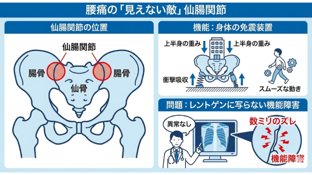 仙腸関節のの機能障害がレントゲンに写らない腰痛を引き起こしていることを説明したイラスト