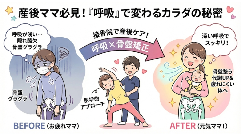 呼吸と骨盤矯正の関係性を要約したイラスト