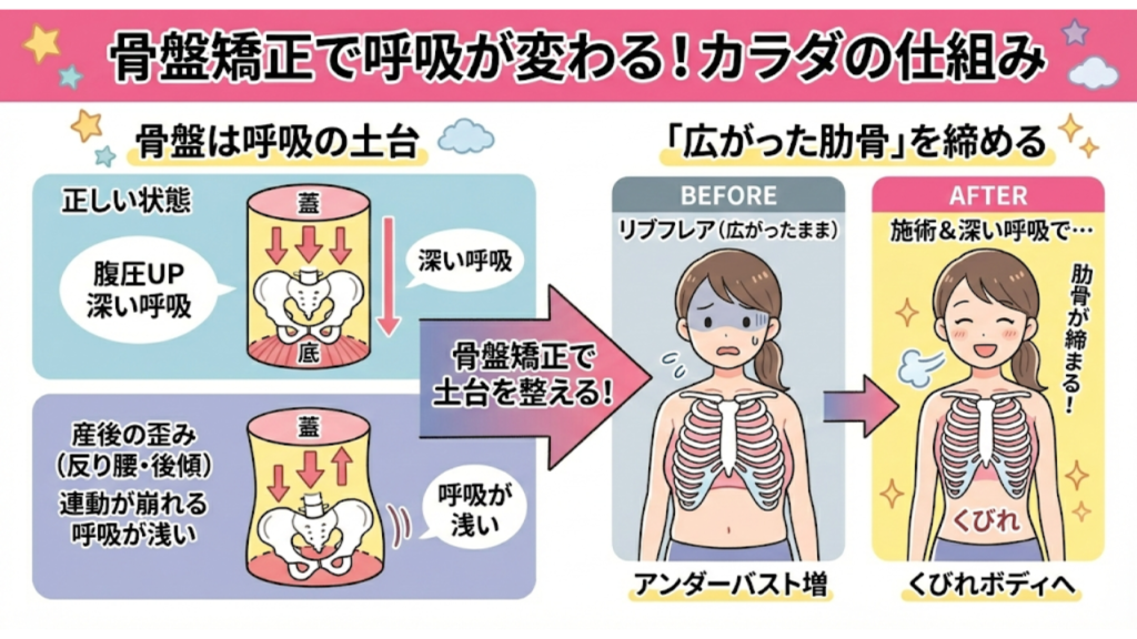 骨盤矯正で呼吸が変わる体の仕組みを解説したイラスト