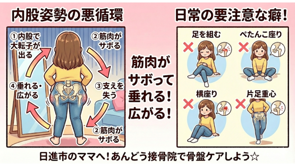 産後の内股姿勢の悪循環と日常の要注意な癖を解説したイラスト