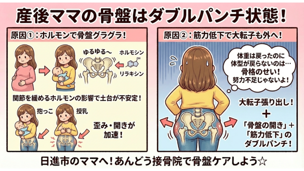 産後ママの骨盤に起こる要因を解説したイラスト