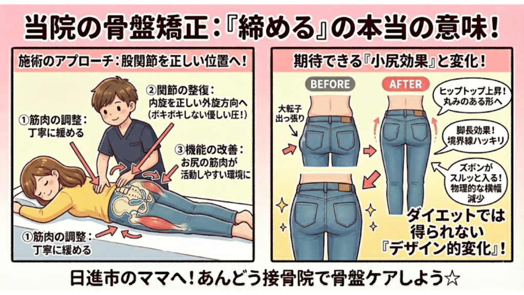 あんどう接骨院の骨盤矯正「締める」の本当の意味を解説したイラスト