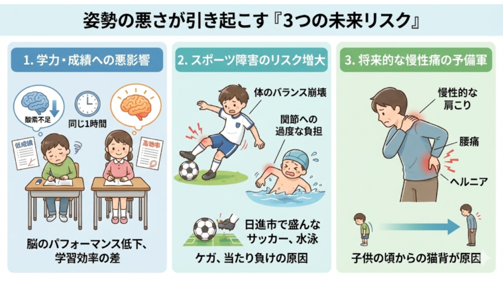 姿勢の悪さが引き起こす未来の3つのリスクを解説したイラスト