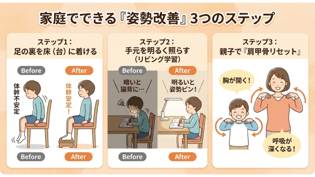 家庭でできる姿勢改善の方法を紹介したイラスト