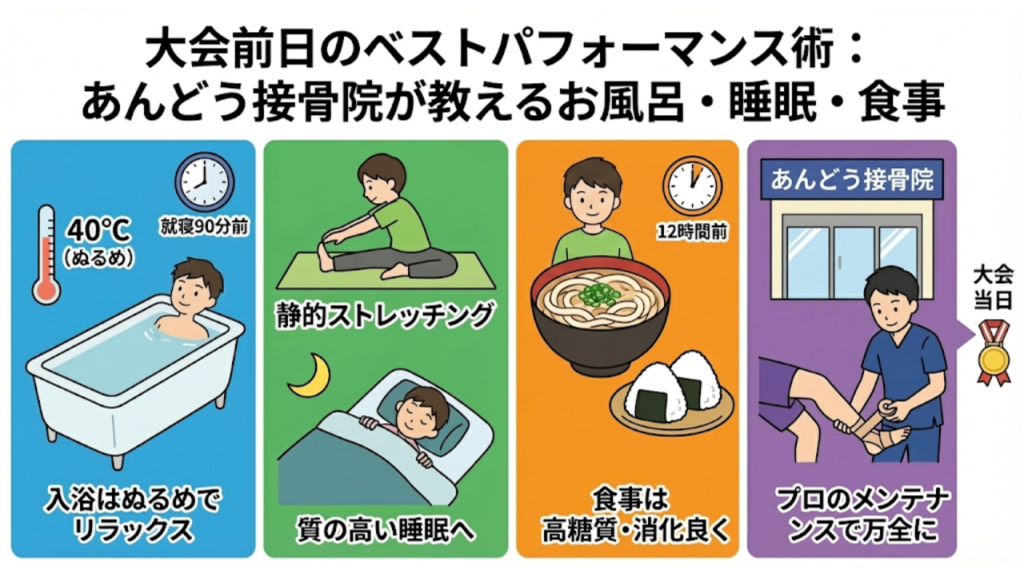大会前日にパフォーマンスアップのために行うと良いことの記事を要約したイラスト