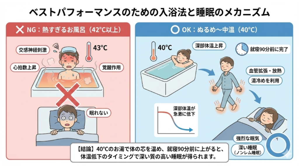 ベストパフォーマンスのための入浴法と睡眠のメカニズムを解説したイラスト