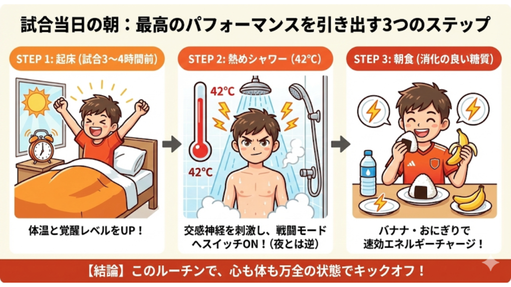 試合当日の朝に行うべき3つのことを説明したイラスト