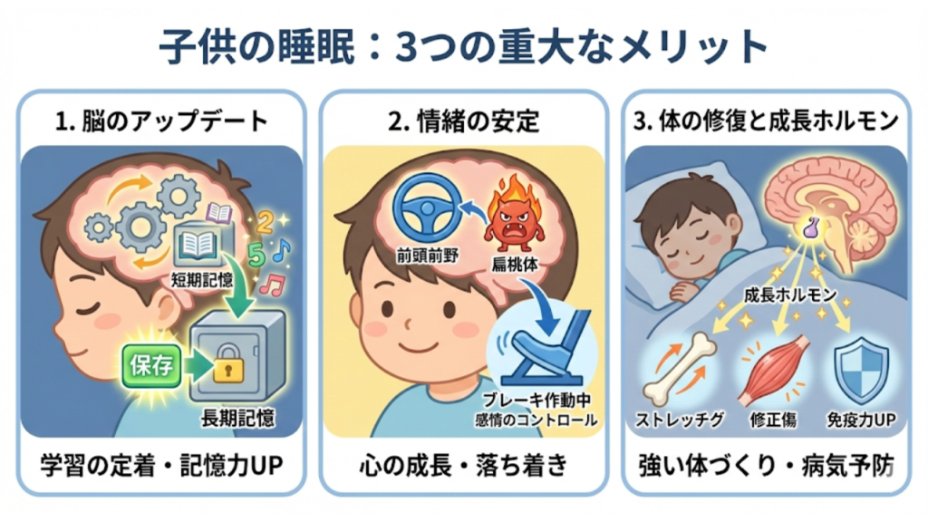 子供の睡眠に関する3つのメリットを示したイラスト