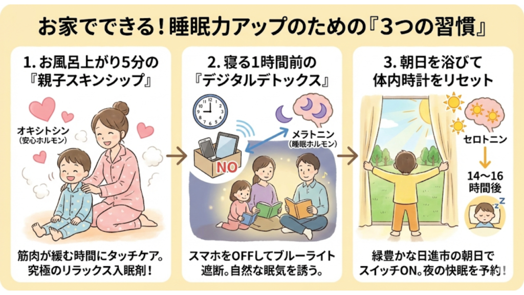 睡眠力アップのための3つの習慣を解説したイラスト