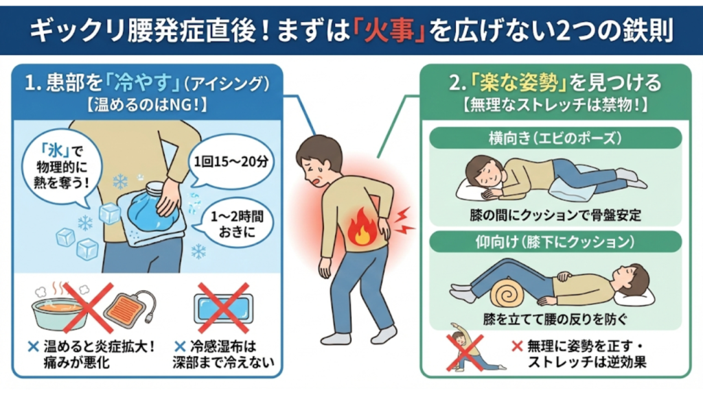 ギックリ腰発症直後にすべき鉄則を解説したイラスト