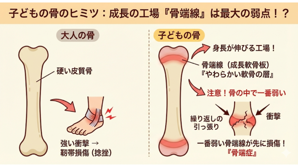 骨端線の説明と脆弱性を解説したイラスト