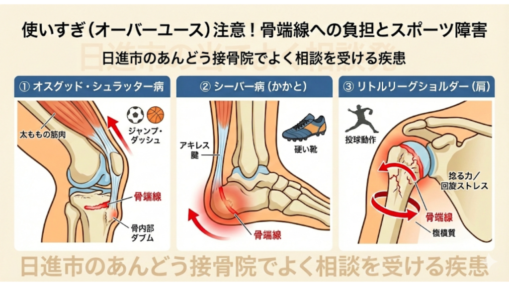 オーバーユースによる骨端線への負担とスポーツ障害を示したイラスト