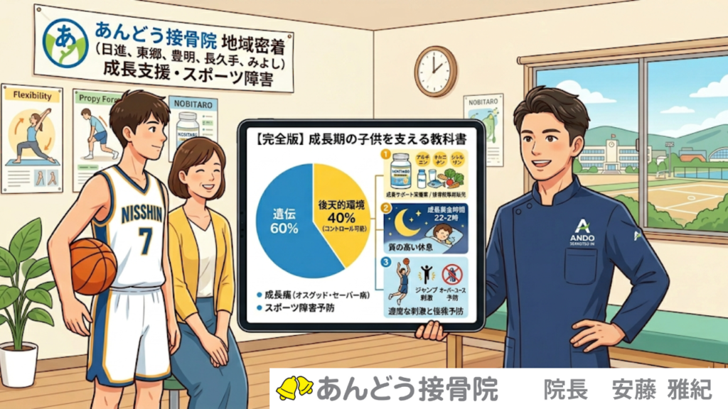 【完全版】成長期の子供を持つ保護者必見！身長を伸ばし、スポーツ障害を防ぐ「成長支援」の教科書の記事を要約したイラスト。